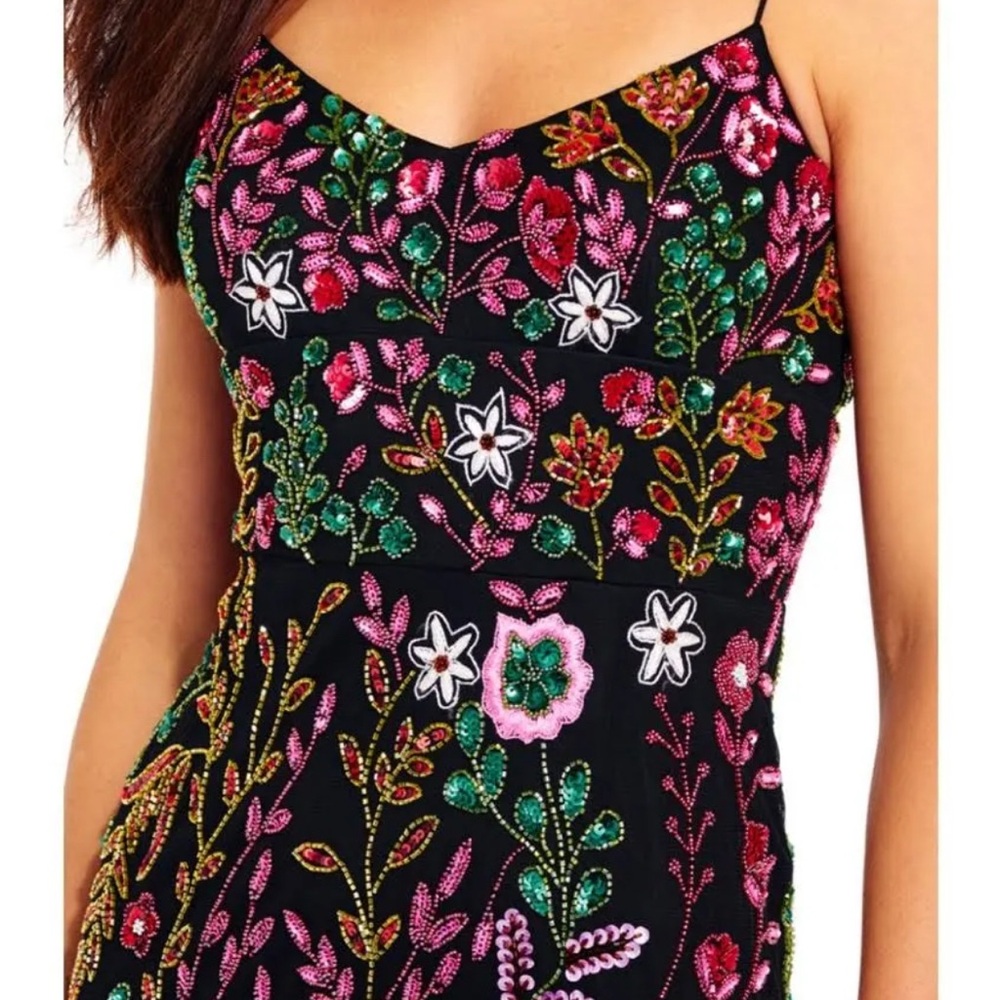 Adrianna Papell Black and Pink Spaghetti Strap Beaded Maxi Gown